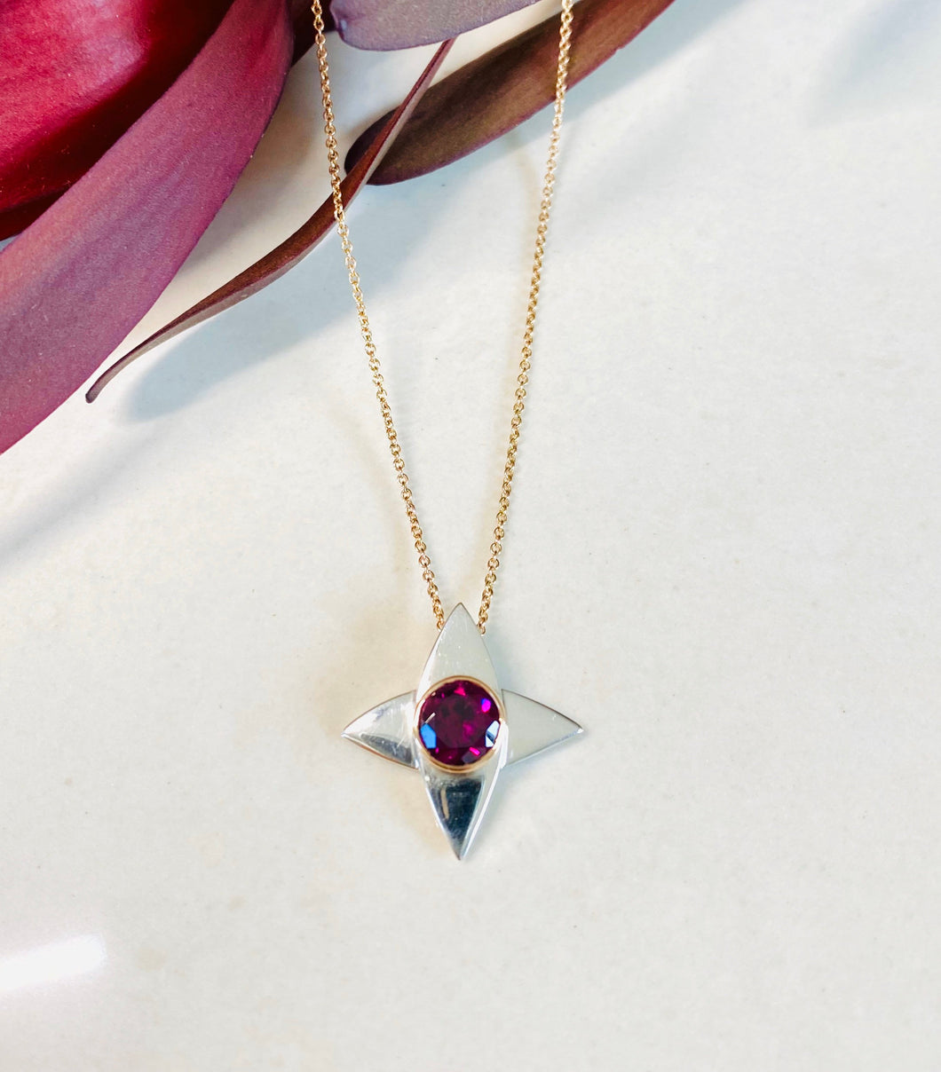 Rhodolite Garnet Gold and Sterling Silver Pendant